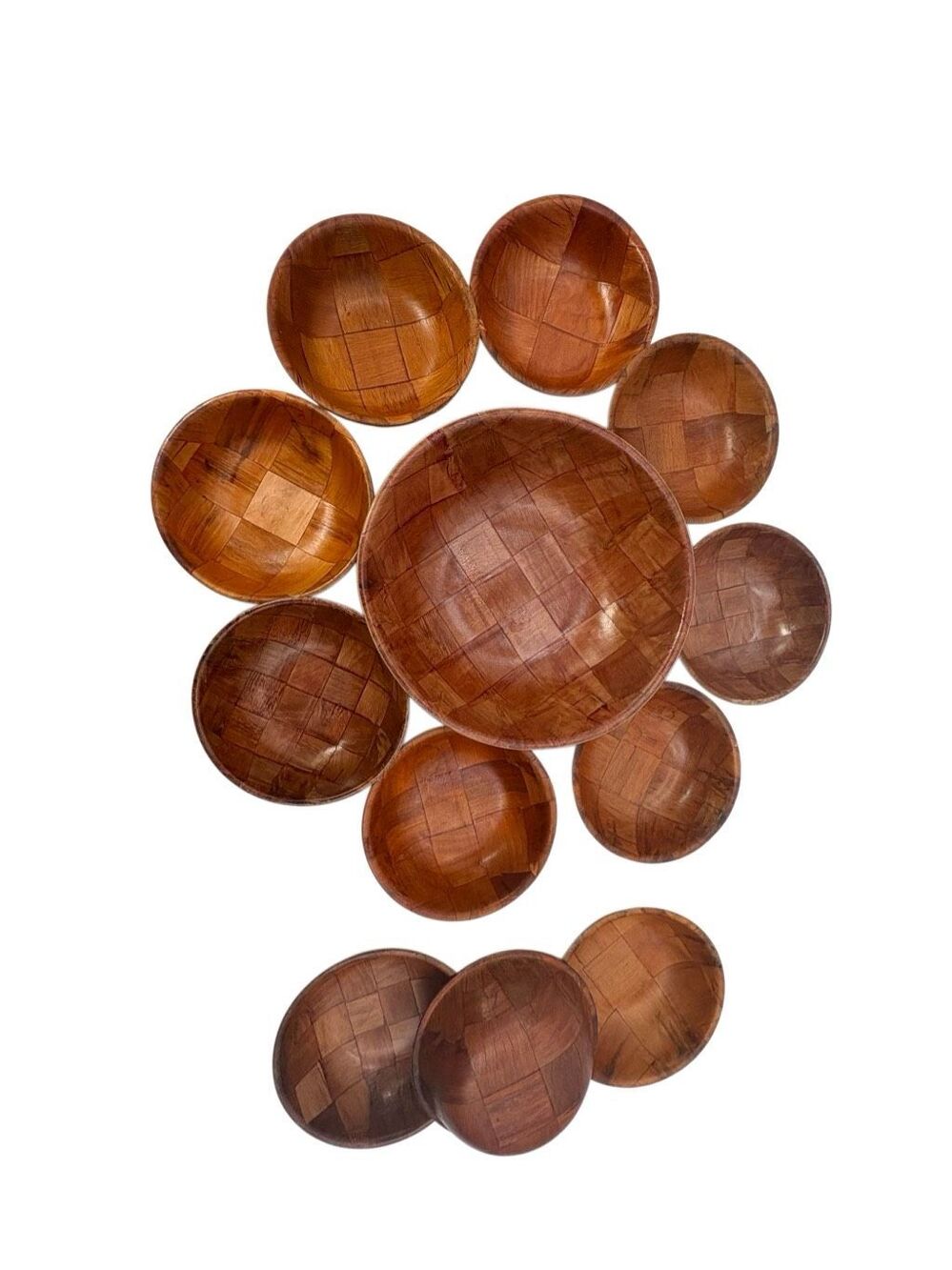 Vintage 1970s CM Woven Wood Parquet Salad Bowl Set - 11 Piece MC